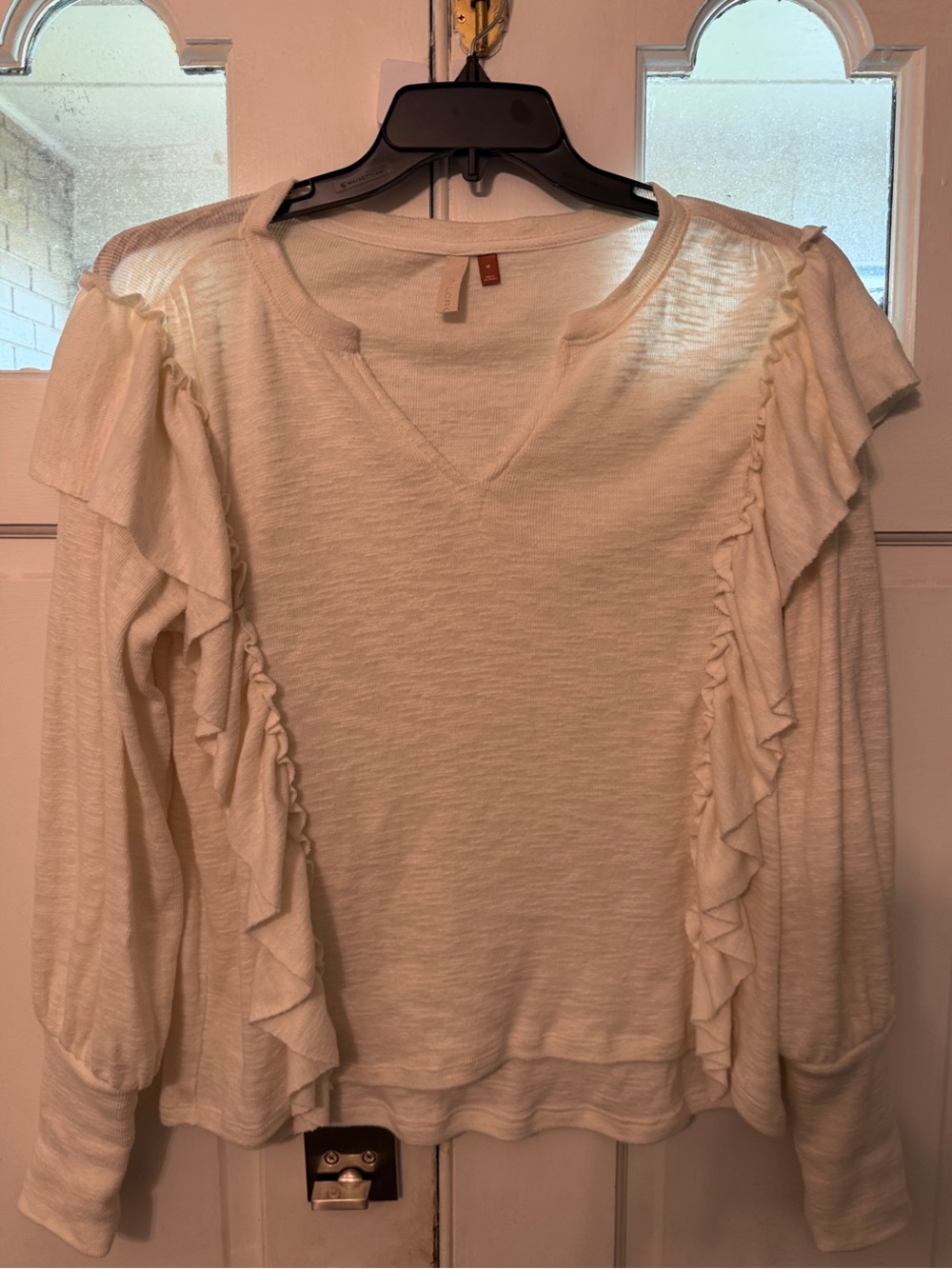 Pilcro Cream Ruffle V-Neck Sweatshirt